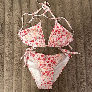 Floral Tie Bikini Set in White, Red & Pink